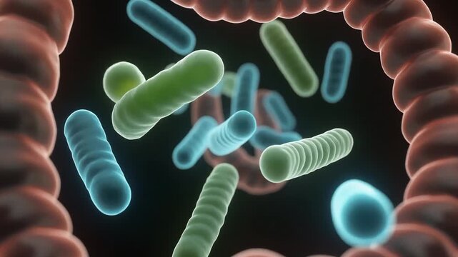 Microscopic view of rod-shaped bacteria and microorganisms within the human digestive system, depicting intestinal flora and gut health