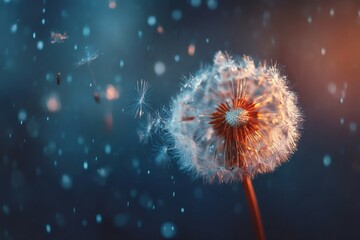 Dandelion seeds flying with water drops in nature