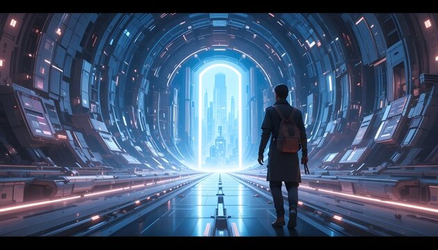 A time traveler arriving in a futuristic world, portal light behind them, massive high-tech city ahead, cinematic animated movie shot.
