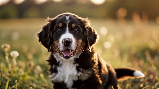 Adorable Bernese Mountain Dog Puppy in Field at Sunset