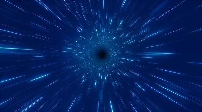 Abstract blue hyperspace effect with fast moving light streaks towards black hole