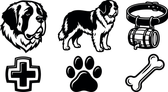 Line art dog icon set saint bernard head full body collar barrel medical cross paw bone black and white bold