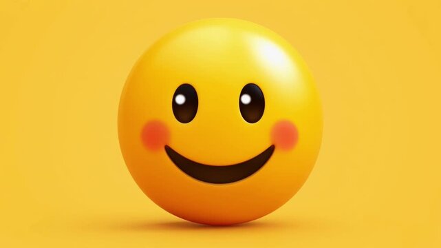 A 3D render of a cute happy emoji with rosy cheeks blinking on yellow background