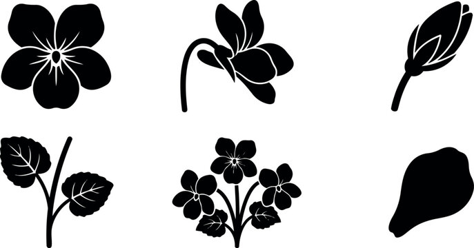 Flat design floral silhouette set six violet and primrose icons close up different angles leaves bud petal cluster vector minimalist