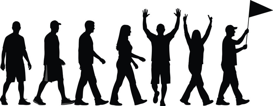 People walking and celebrating silhouette collection, men and women crowd with flag isolated, social gathering action vector illustration set