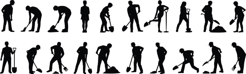 Construction and gardening worker silhouettes with shovel and rake tools, manual labor poses collection, industrial workforce vector illustration isolated on white © SreeRupali