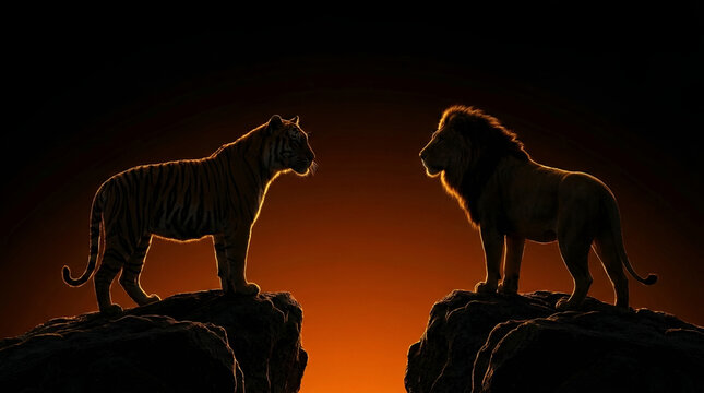 Silhouette Of Tiger And Lion Standoff On Mountain Cliffs At Sunset