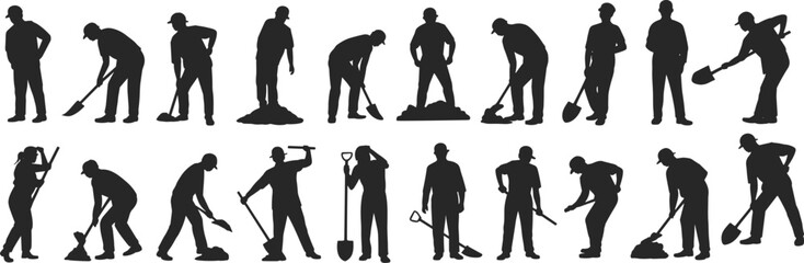 Construction worker silhouettes set with shovel tools, manual laborer digging and working poses, industrial workforce vector illustration isolated on white background © SreeRupali