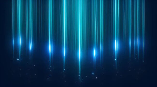 Abstract dark blue background with glowing blue light streaks streaming downward