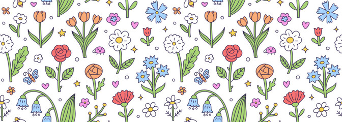 Fototapeta premium Seamless spring floral pattern with hand drawn colorful flowers, roses, tulips, and daisies. Cute garden doodle background with butterflies, bees, ladybugs. Repeating vector for kids fabric.