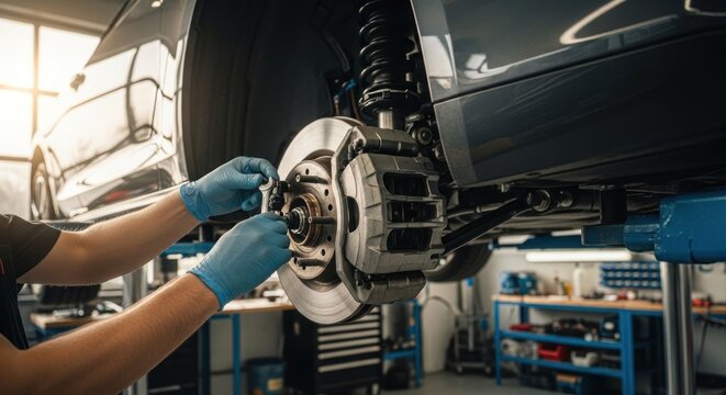 Mechanic working on car brakes; close-up of rotor, caliper, suspension, and hand tools