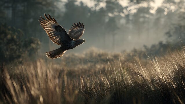 Common Buzzard flying over golden meadow at sunrise with misty forest background