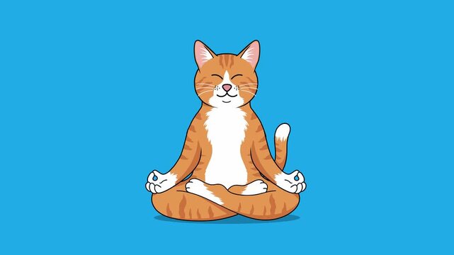 Relaxed Cartoon-Style Orange Striped Cat Animation Meditating in Lotus Position