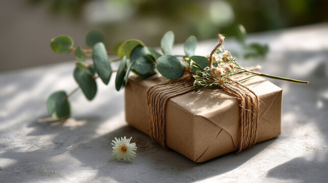 Wrapped gift box with eucalyptus on table, eco present, natural packaging, festive decor, handmade gift, rustic style, holiday celebration, craft paper, minimal still life, soft light