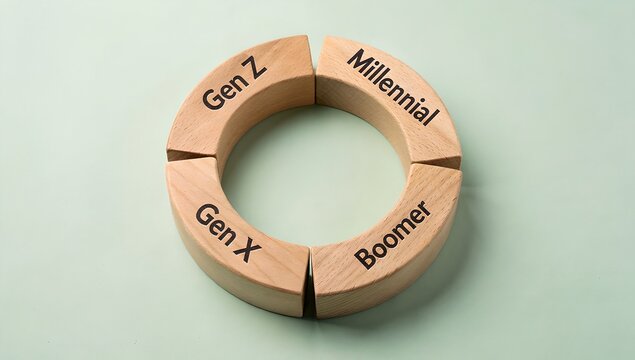 A wooden pie chart divided into four sections representing different generations. Each section has a specific generation written on it, including Gen Z, Gen X, Millennials, and Boomers