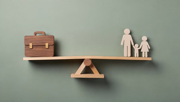 Work-life balance concept with briefcase and family on the seesaw. The image conveys the concepts of priorities and choice