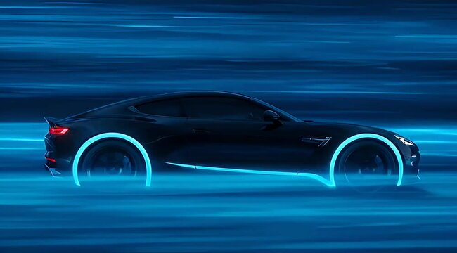 Sleek black modern car with blue neon lights speeding through a digital world