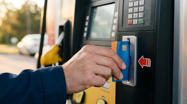 Close up of a hand inserting a card into a fuel pump reader, representing higher fuel prices, energy inflation, and rising daily costs