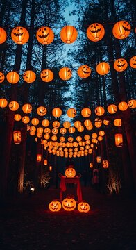Orange lanterns illuminate a dark forest path creating a festive atmosphere