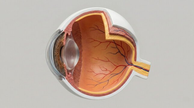 Human eye anatomy cross section model in symmetrical textbook framings