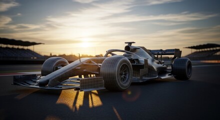 Fototapeta premium Sleek, dark race car on track at sunset, stadium in the background