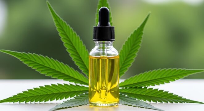 A bottle of cannabis oil with a cannabis leaf