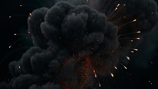Volcanic eruption video footage with exploding ash cloud and sparks at night time animation
