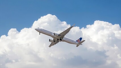 Obraz premium Commercial airliner ascending through clouds against blue sky, aviation.