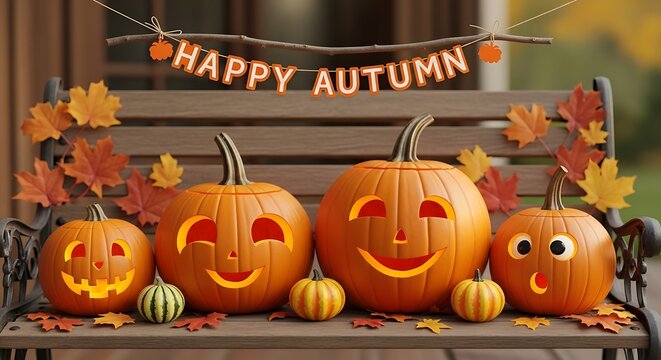 Orange pumpkins smiling on a wooden bench with autumn leaves decoration