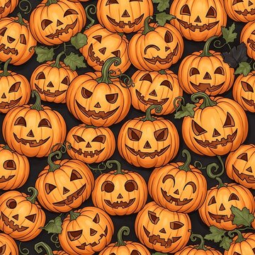 Orange pumpkins with carved faces arranged for halloween celebrations