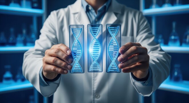 A scientist holding up three dna sequences in a laboratory