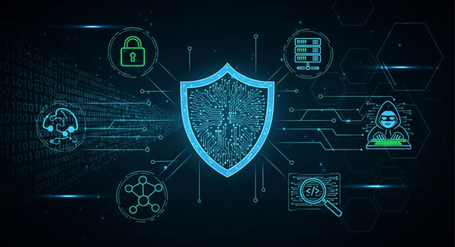 Digital Security Shield with Cybersecurity Icons and Data Protection Elements.