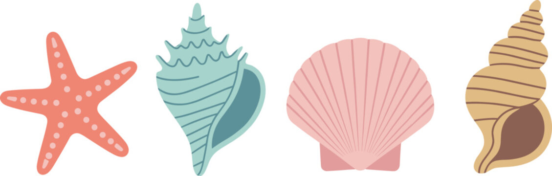 Colorful seashell and starfish vector set marine ocean elements collection beach shell icons including scallop spiral shell and sea star flat illustration