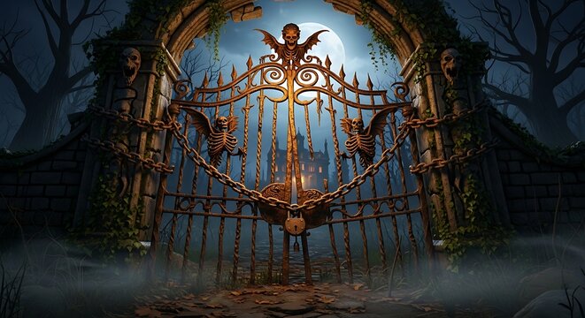 Ornate iron gate leading to mysterious fortress under the moonlight