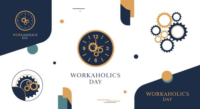 Workaholics Day clock gears graphic design elements.