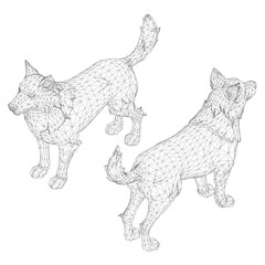 A stylized dog depicted as a low polygonal wireframe. The intricate design features geometric shapes and connecting lines on a clean white background.