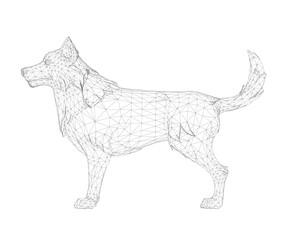 A stylized wireframe illustration of a Dog, composed of interconnected lines and geometric shapes on a clean white background. This detailed vector graphic creates a realistic yet.