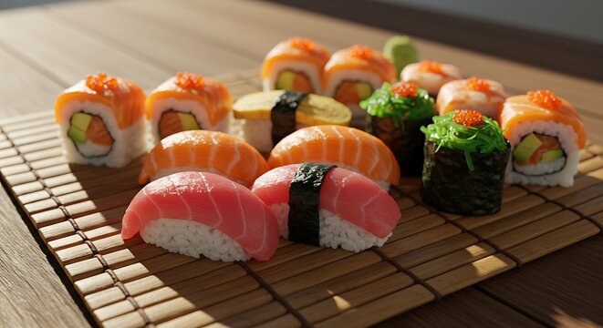Assortment of fresh sushi rolls arranged on a bamboo serving mat