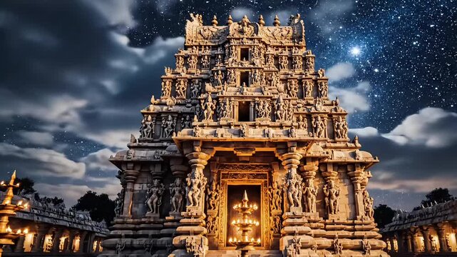 Illuminated ancient hindu temple entrance under starry night sky during tamil new year celebration sacred architecture culture devotion india