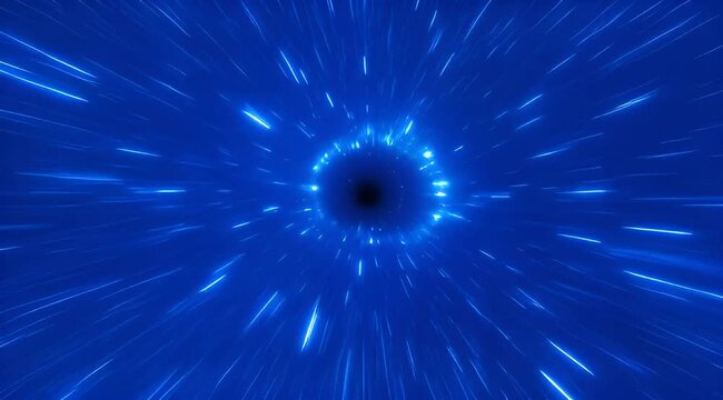 Abstract blue hyperspace tunnel with glowing light trails converging towards a black hole