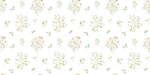 Naklejka premium Seamless pattern with small flowers. Watercolour repeating hand drawn background with tiny nature elements, hand drawn design for textile and wallpaper