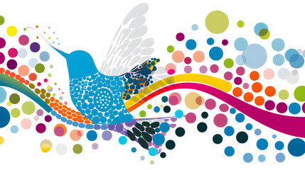 Fototapeta premium Hummingbird flying among colorful abstract circles and waves