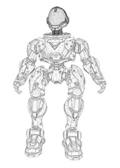 A sci-fi robot unit in a detailed wireframe drawing, featuring iconic armor and a helmet. The black and white illustration is set against a clean white background.
