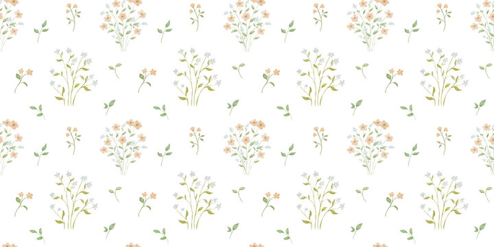 Seamless pattern with small flowers. Watercolour repeating hand drawn background with tiny nature elements, hand drawn design for textile and wallpaper