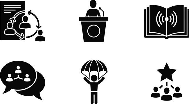 Black business leadership icon set featuring public speaking podium, team collaboration, ebook reading, skydiving parachute, and reaching for star success.