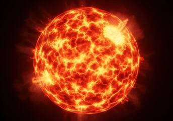 Fototapeta premium A massive, bright orange and red sphere of burning plasma erupts violently against a dark background, showing extreme heat and energy, immense, energy, element