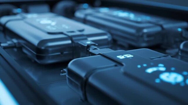 Close-up view of futuristic black devices with glowing blue lights.