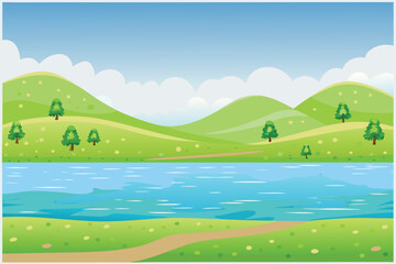 Obraz premium Cartoon Landscape River Hills Green Trees Blue Sky Clouds Path