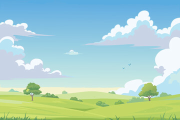 Obraz premium Cartoon Landscape with Green Rolling Hills Trees and Fluffy Clouds Bright Sunny Day