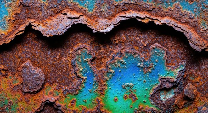 Close view of heavily oxidized metal surface displaying severe corrosion, structural failure, pitting, decay, and environmental damage, abstract, weathered, background